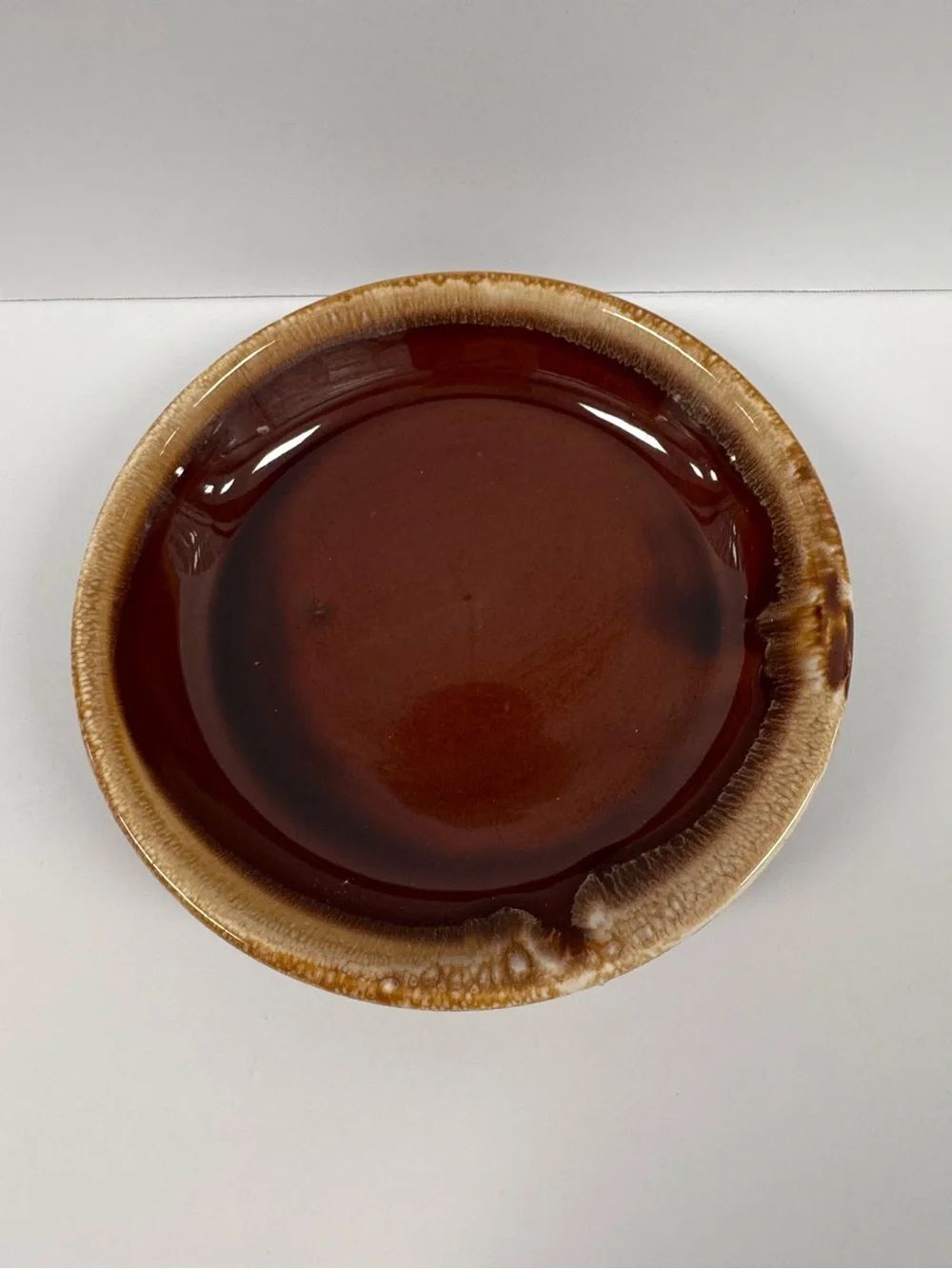 Vintage Pottery USA Brown Drip Glaze Small Round Dish Mid Century Modern